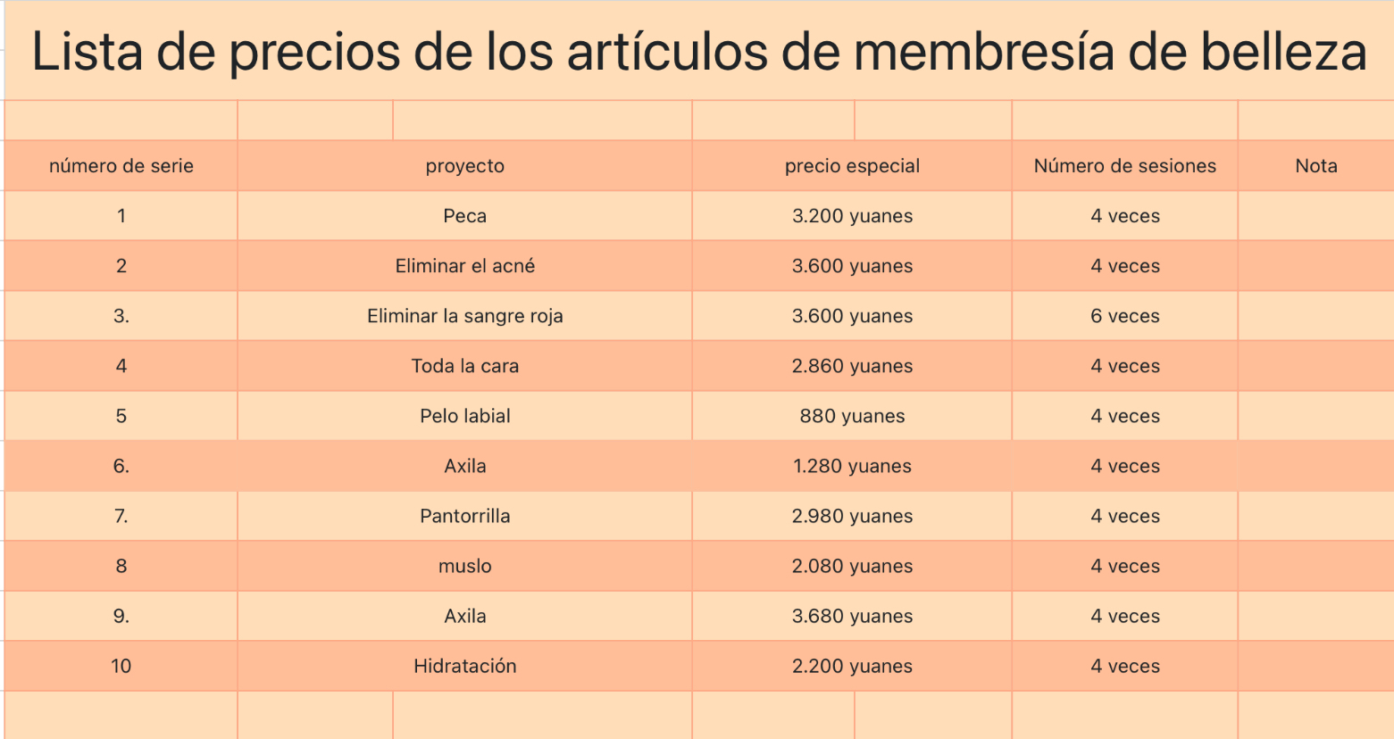 Lista de precios de los artículos de membresía de belleza